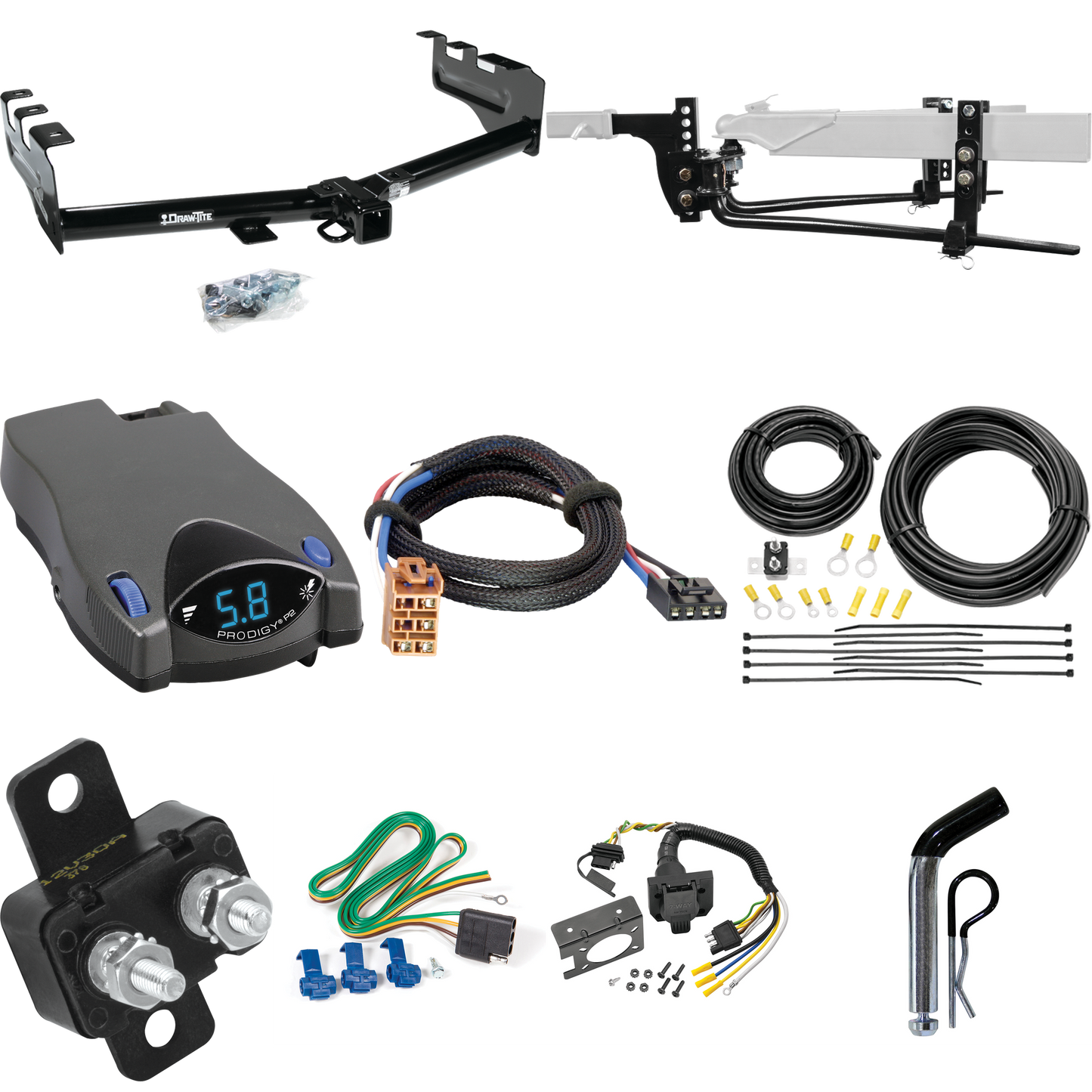 Fits 1999-2002 Chevrolet Silverado 2500 Trailer Hitch Tow PKG w/ 11.5K Round Bar Weight Distribution Hitch w/ 2-5/16" Ball + Pin/Clip + Tekonsha Prodigy P2 Brake Control + Plug & Play BC Adapter + 7-Way RV Wiring By Draw-Tite