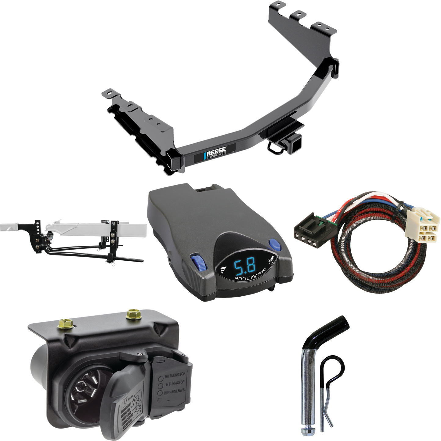 Fits 2019-2019 Chevrolet Silverado 1500 LD (Old Body) Trailer Hitch Tow PKG w/ 11.5K Round Bar Weight Distribution Hitch w/ 2-5/16" Ball + Pin/Clip + Tekonsha Prodigy P2 Brake Control + Plug & Play BC Adapter + 7-Way RV Wiring By Reese Towpower