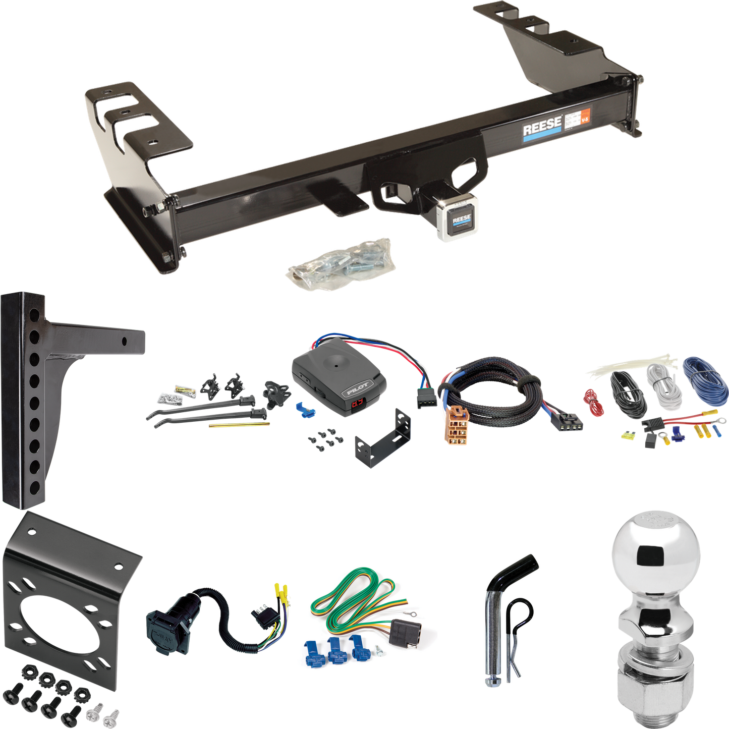 Fits 1999-2002 GMC Sierra 1500 Trailer Hitch Tow PKG w/ 12K Trunnion Bar Weight Distribution Hitch + Pin/Clip + 2-5/16" Ball + Pro Series Pilot Brake Control + Plug & Play BC Adapter + 7-Way RV Wiring By Reese Towpower