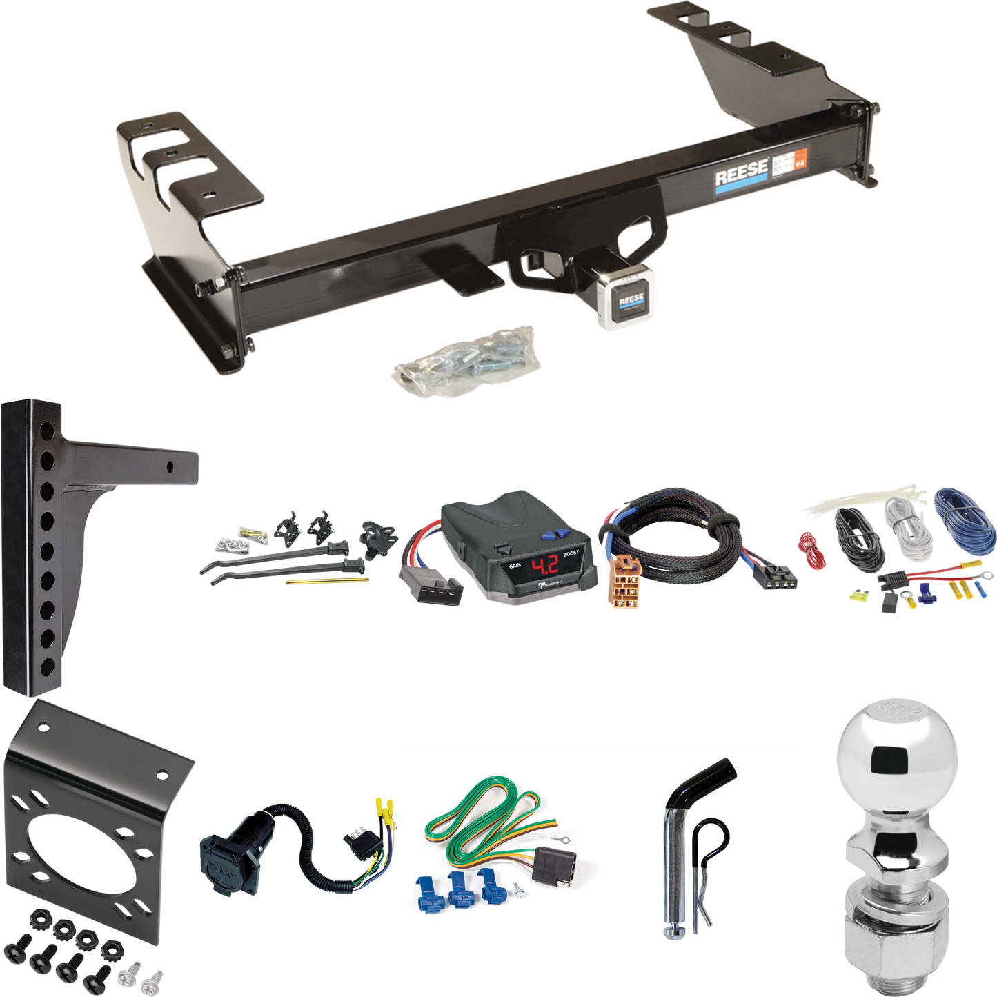 Fits 1999-2002 GMC Sierra 2500 Trailer Hitch Tow PKG w/ 12K Trunnion Bar Weight Distribution Hitch + Pin/Clip + 2-5/16" Ball + Tekonsha BRAKE-EVN Brake Control + Plug & Play BC Adapter + 7-Way RV Wiring By Reese Towpower