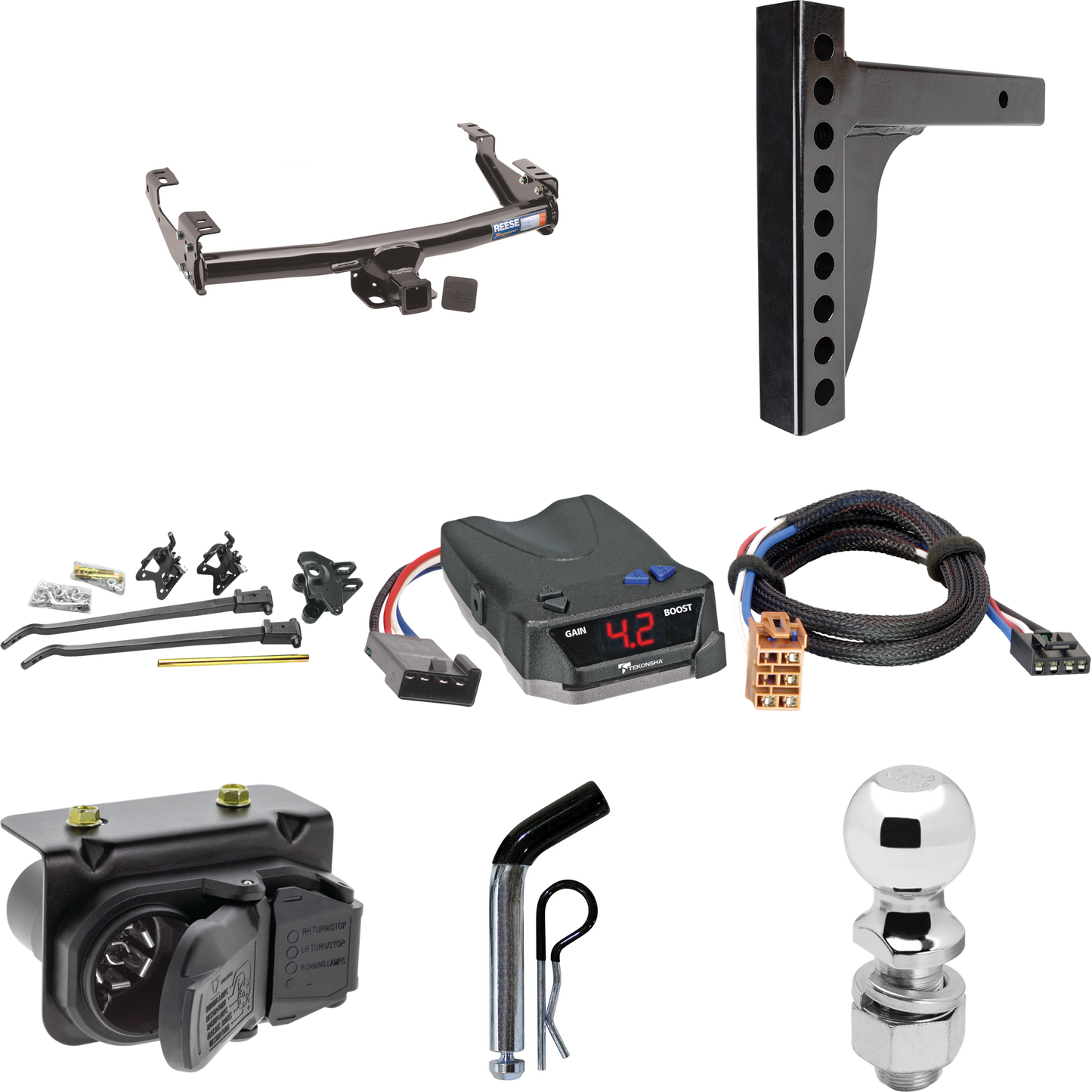 Fits 2001-2002 Chevrolet Silverado 1500 HD Trailer Hitch Tow PKG w/ 12K Trunnion Bar Weight Distribution Hitch + Pin/Clip + 2-5/16" Ball + Tekonsha BRAKE-EVN Brake Control + Plug & Play BC Adapter + 7-Way RV Wiring By Reese Towpower