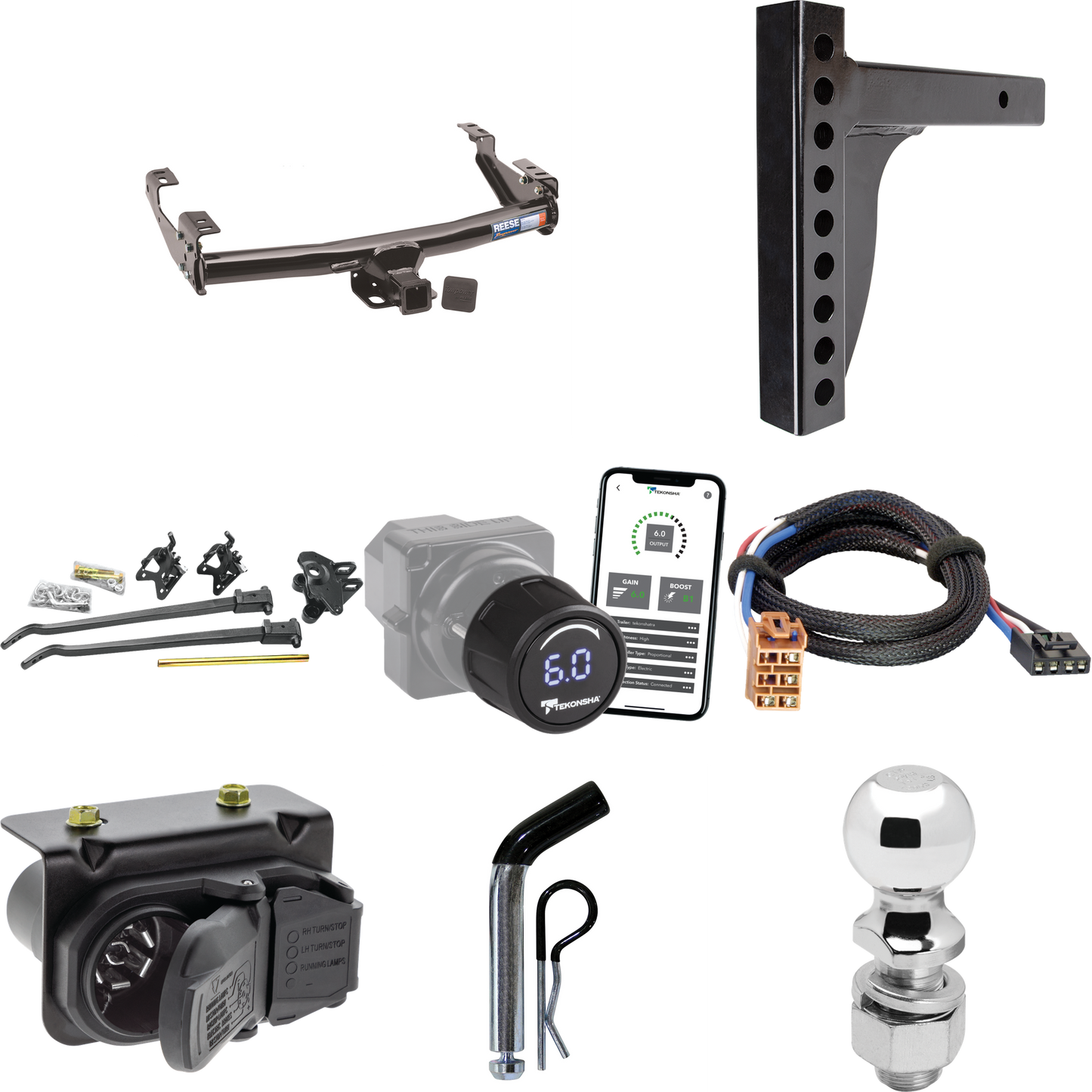 Fits 1999-2002 Chevrolet Silverado 2500 Trailer Hitch Tow PKG w/ 12K Trunnion Bar Weight Distribution Hitch + Pin/Clip + 2-5/16" Ball + Tekonsha Prodigy iD Bluetooth Wireless Brake Control + Plug & Play BC Adapter + 7-Way RV Wiring By Reese Towpower