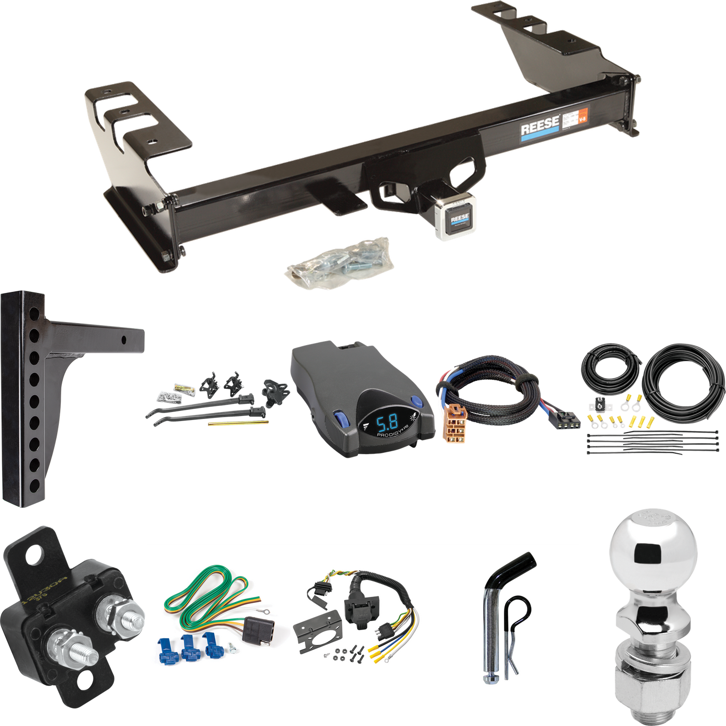 Fits 1999-2002 GMC Sierra 1500 Trailer Hitch Tow PKG w/ 12K Trunnion Bar Weight Distribution Hitch + Pin/Clip + 2-5/16" Ball + Tekonsha Prodigy P2 Brake Control + Plug & Play BC Adapter + 7-Way RV Wiring By Reese Towpower