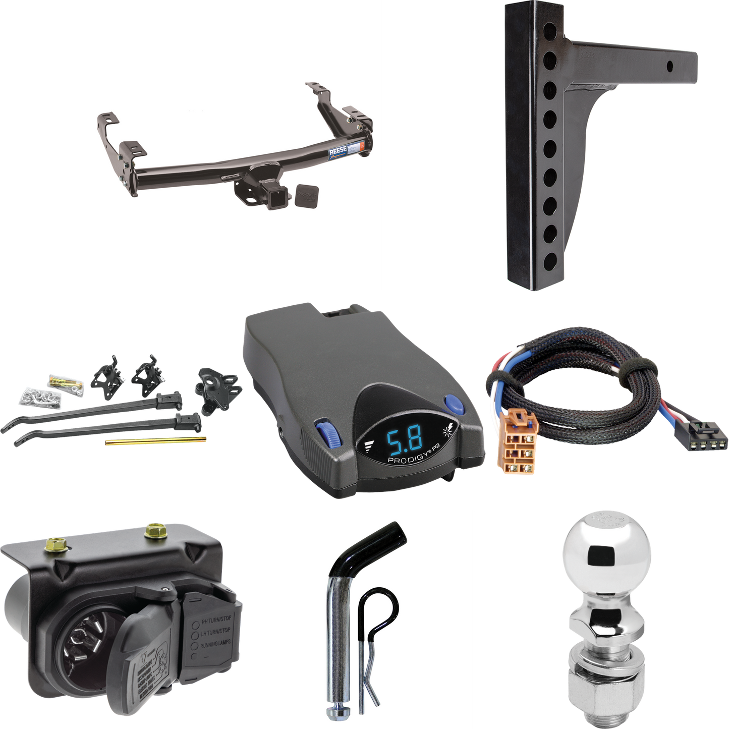 Fits 1999-2002 Chevrolet Silverado 1500 Trailer Hitch Tow PKG w/ 12K Trunnion Bar Weight Distribution Hitch + Pin/Clip + 2-5/16" Ball + Tekonsha Prodigy P2 Brake Control + Plug & Play BC Adapter + 7-Way RV Wiring By Reese Towpower