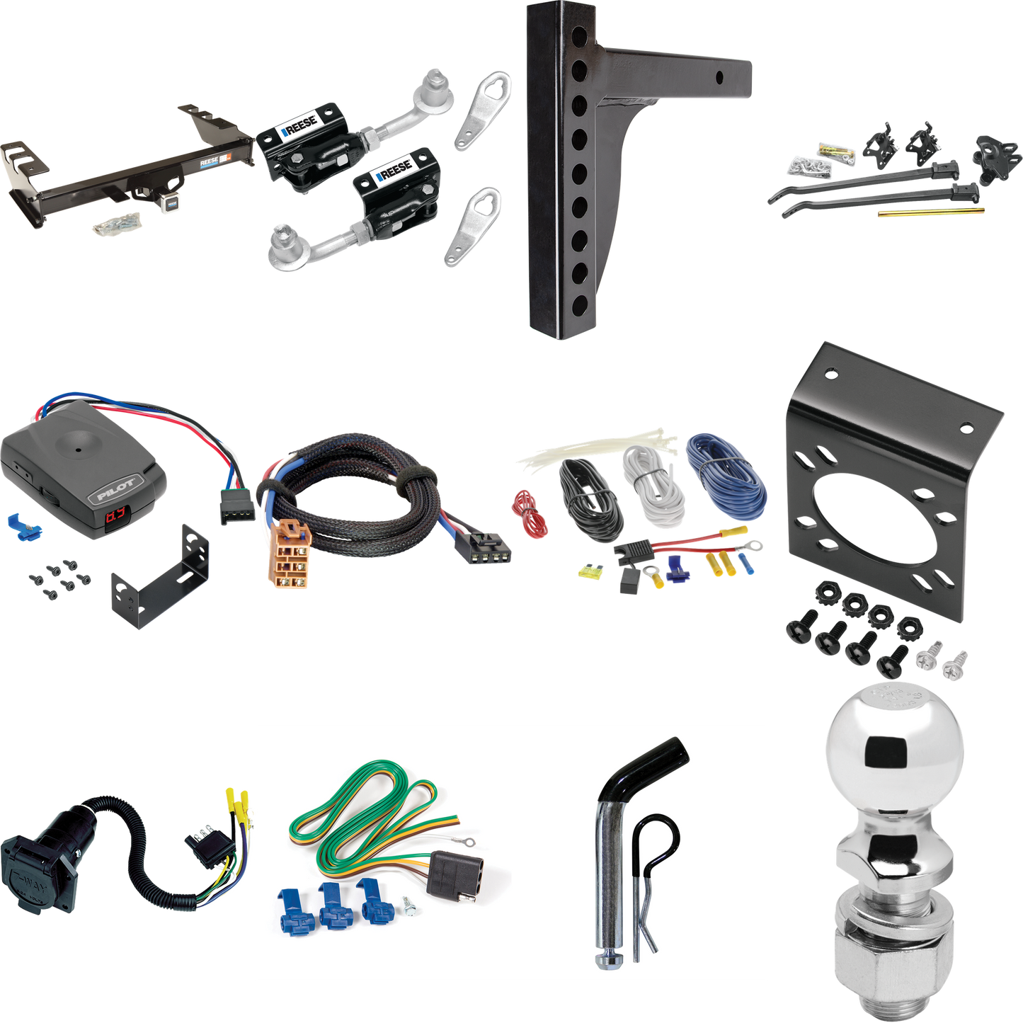 Fits 1999-2002 GMC Sierra 2500 Trailer Hitch Tow PKG w/ 12K Trunnion Bar Weight Distribution Hitch + Pin/Clip + Dual Cam Sway Control + 2-5/16" Ball + Pro Series Pilot Brake Control + Plug & Play BC Adapter + 7-Way RV Wiring By Reese Towpower