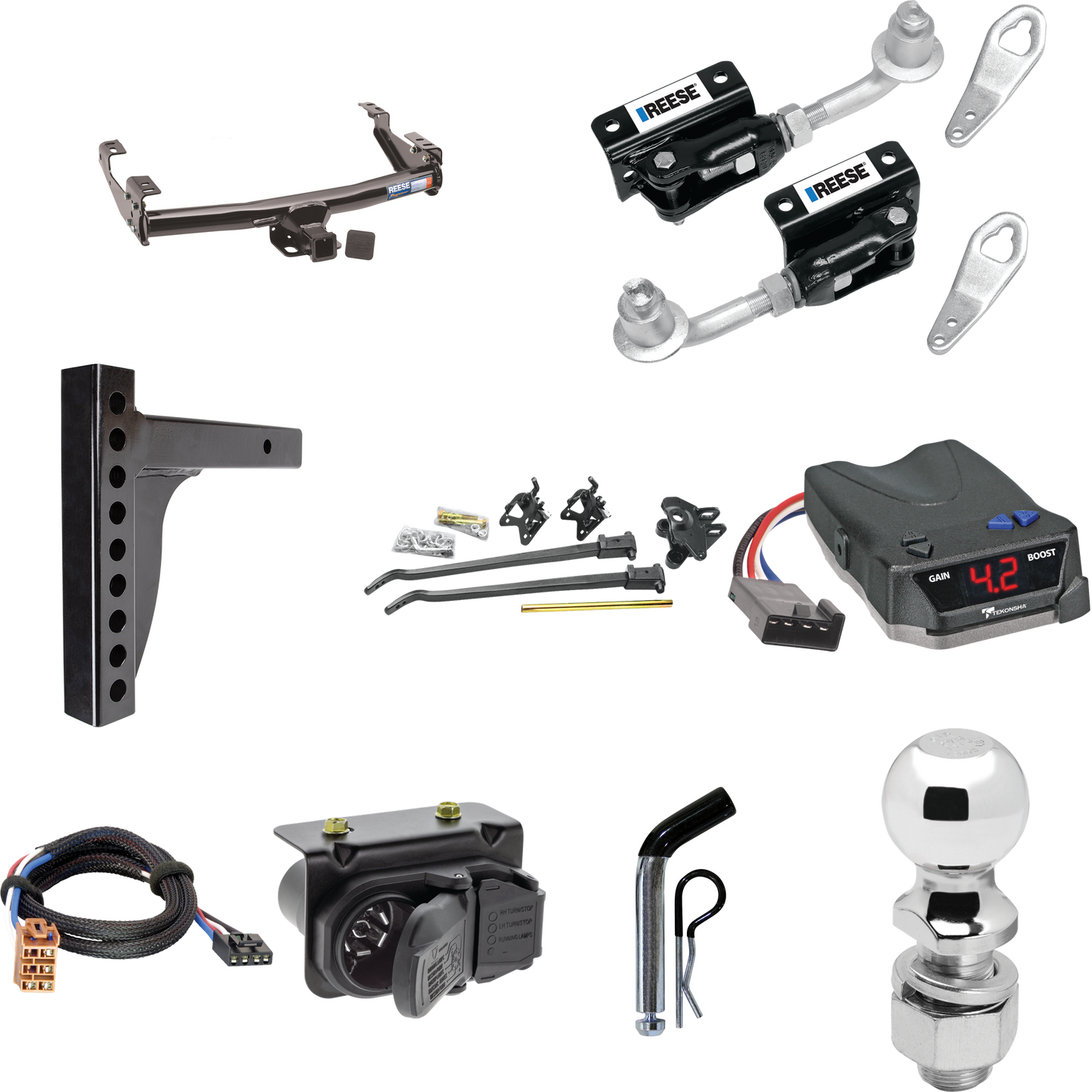 Fits 1999-2002 Chevrolet Silverado 2500 Trailer Hitch Tow PKG w/ 12K Trunnion Bar Weight Distribution Hitch + Pin/Clip + Dual Cam Sway Control + 2-5/16" Ball + Tekonsha BRAKE-EVN Brake Control + Plug & Play BC Adapter + 7-Way RV Wiring By Reese Towpo