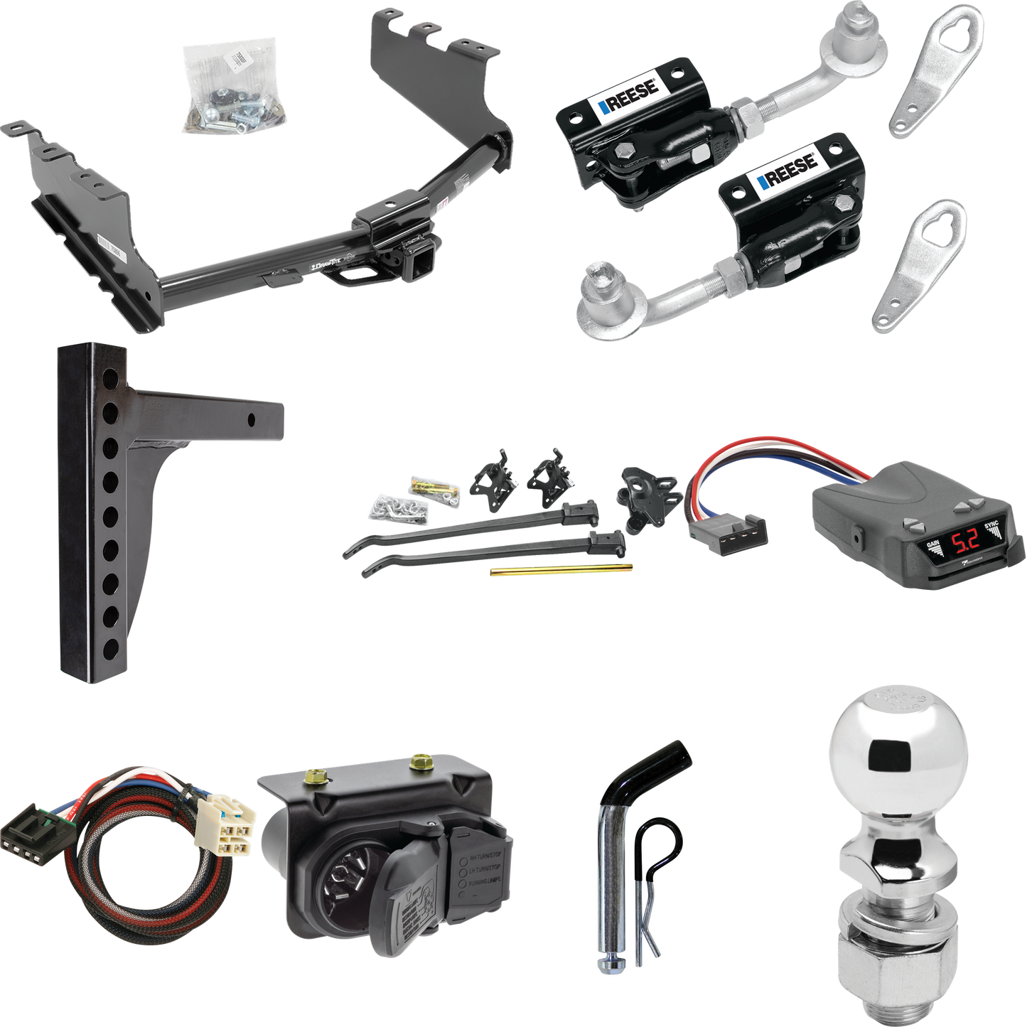 Fits 2014-2018 GMC Sierra 1500 Trailer Hitch Tow PKG w/ 12K Trunnion Bar Weight Distribution Hitch + Pin/Clip + Dual Cam Sway Control + 2-5/16" Ball + Tekonsha Brakeman IV Brake Control + Plug & Play BC Adapter + 7-Way RV Wiring By Draw-Tite