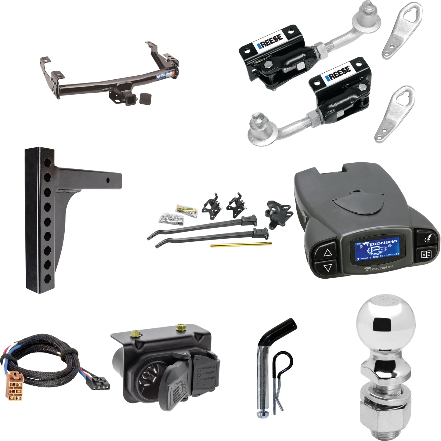 Fits 2001-2002 Chevrolet Silverado 1500 HD Trailer Hitch Tow PKG w/ 12K Trunnion Bar Weight Distribution Hitch + Pin/Clip + Dual Cam Sway Control + 2-5/16" Ball + Tekonsha Prodigy P3 Brake Control + Plug & Play BC Adapter + 7-Way RV Wiring By Reese T