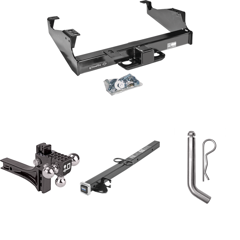 Fits 1999-2023 Ford F-550 Super Duty Trailer Hitch Tow PKG w/ 2-1/2" to 2" Adapter 24" Length + Adjustable Drop Rise Triple Ball Ball Mount 1-7/8" & 2" & 2-5/16" Trailer Balls + Pin/Clip (For Cab & Chassis, w/34" Wide Frames Models) By Draw-Tite