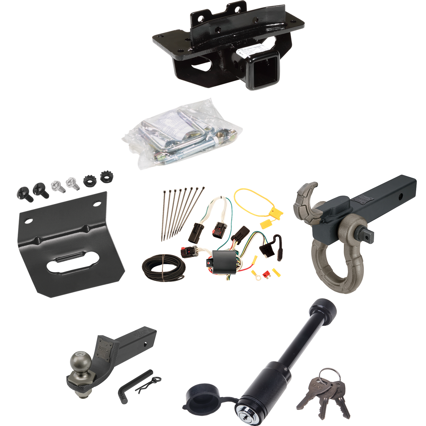 Fits 2007-2009 Chrysler Aspen Trailer Hitch Tow PKG w/ 4-Flat Wiring + Interlock Tactical Starter Kit w/ 2" Drop & 2" Ball + Tactical Hook & Shackle Mount + Tactical Dogbone Lock + Wiring Bracket By Draw-Tite