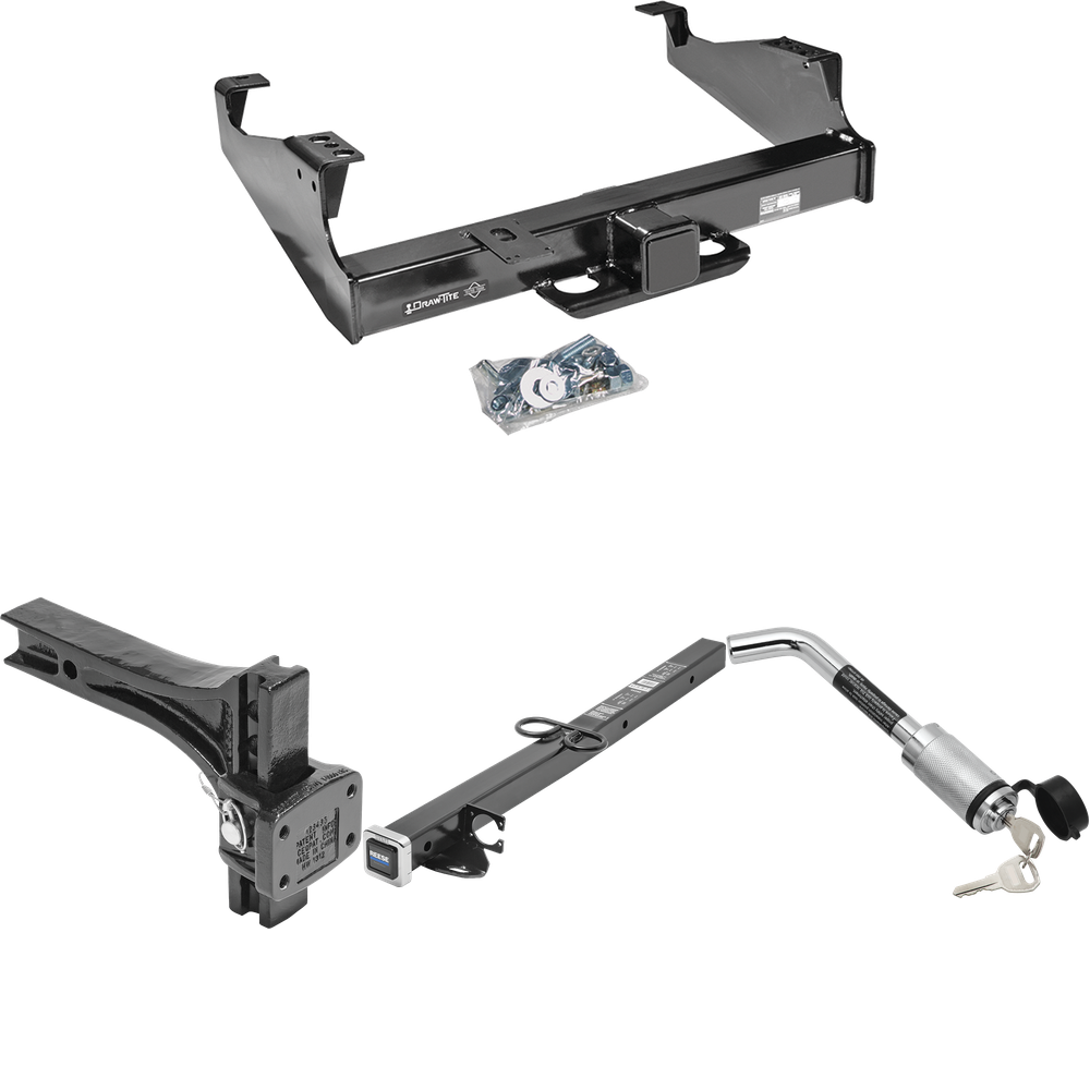 Fits 1999-2023 Ford F-450 Super Duty Trailer Hitch Tow PKG w/ 2-1/2" to 2" Adapter 24" Length + Adjustable Pintle Hook Mounting Plate + Hitch Lock (For Cab & Chassis, w/34" Wide Frames Models) By Draw-Tite