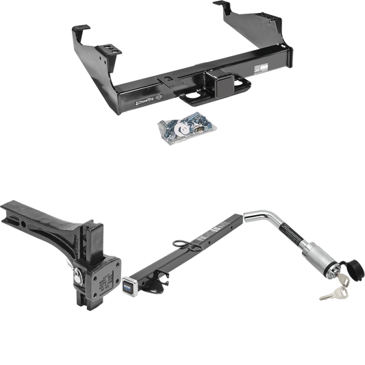 Fits 1999-2023 Ford F-450 Super Duty Trailer Hitch Tow PKG w/ 2-1/2" to 2" Adapter 24" Length + Adjustable Pintle Hook Mounting Plate + Hitch Lock (For Cab & Chassis, w/34" Wide Frames Models) By Draw-Tite