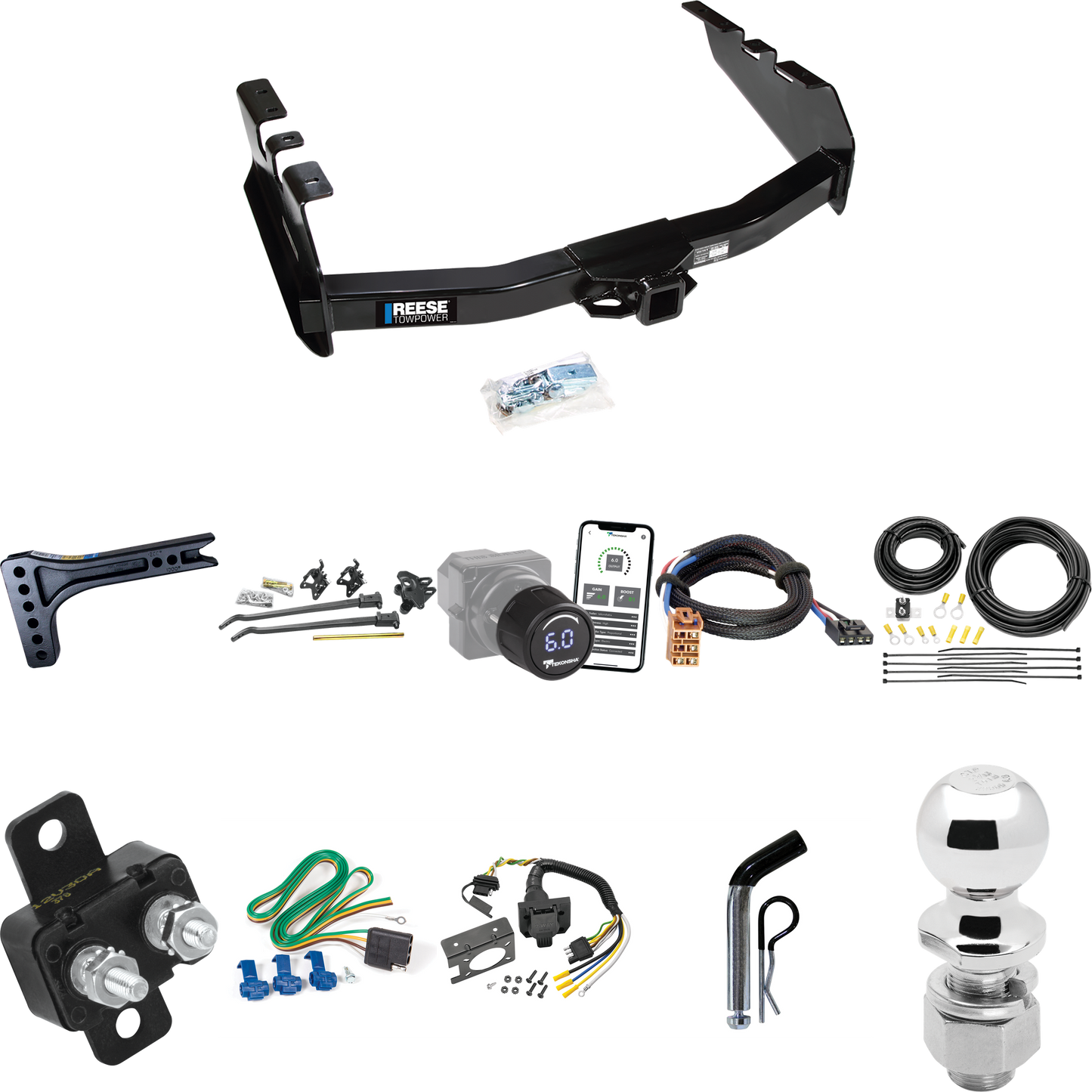 Fits 2001-2002 Chevrolet Silverado 1500 HD Trailer Hitch Tow PKG w/ 15K Trunnion Bar Weight Distribution Hitch + Pin/Clip + 2-5/16" Ball + Tekonsha Prodigy iD Bluetooth Wireless Brake Control + Plug & Play BC Adapter + 7-Way RV Wiring By Reese Towpow