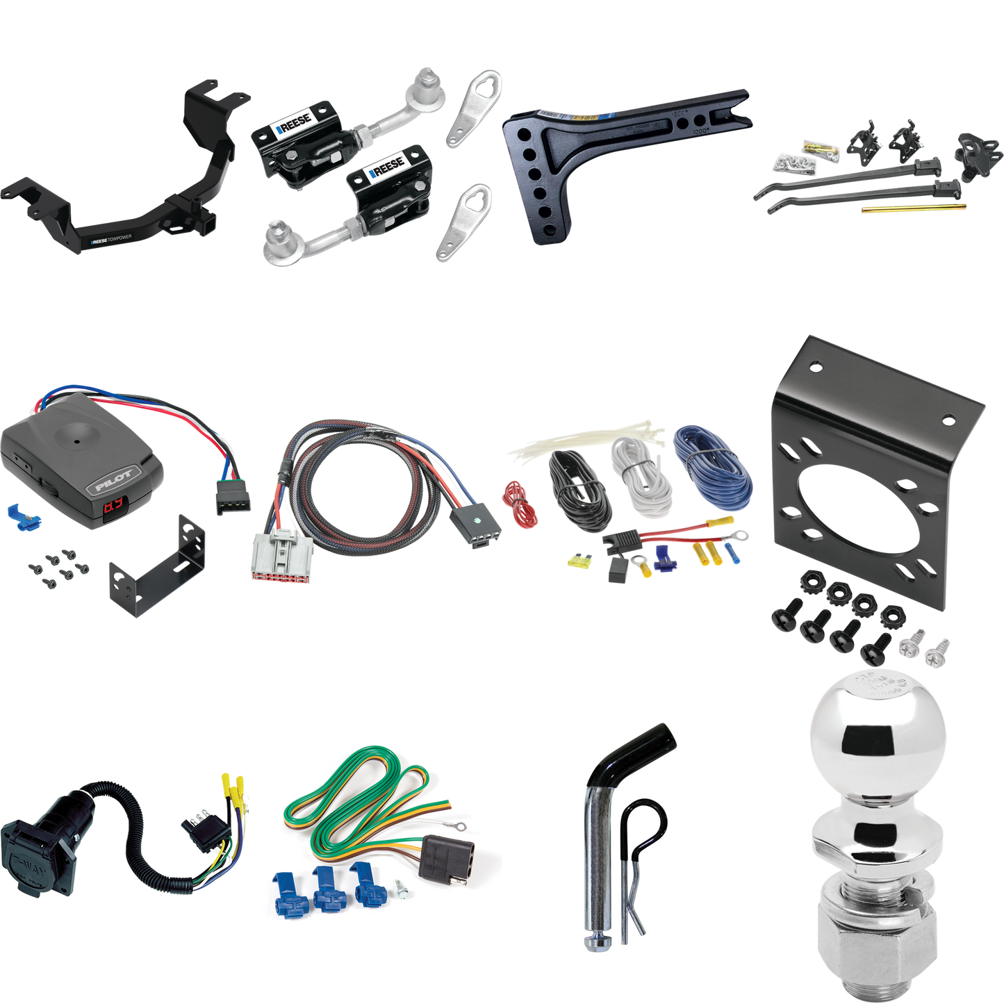 Fits 2019-2023 Chevrolet Silverado 1500 Trailer Hitch Tow PKG w/ 15K Trunnion Bar Weight Distribution Hitch + Pin/Clip + Dual Cam Sway Control + 2-5/16" Ball + Pro Series Pilot Brake Control + Plug & Play BC Adapter + 7-Way RV Wiring By Reese Towpowe