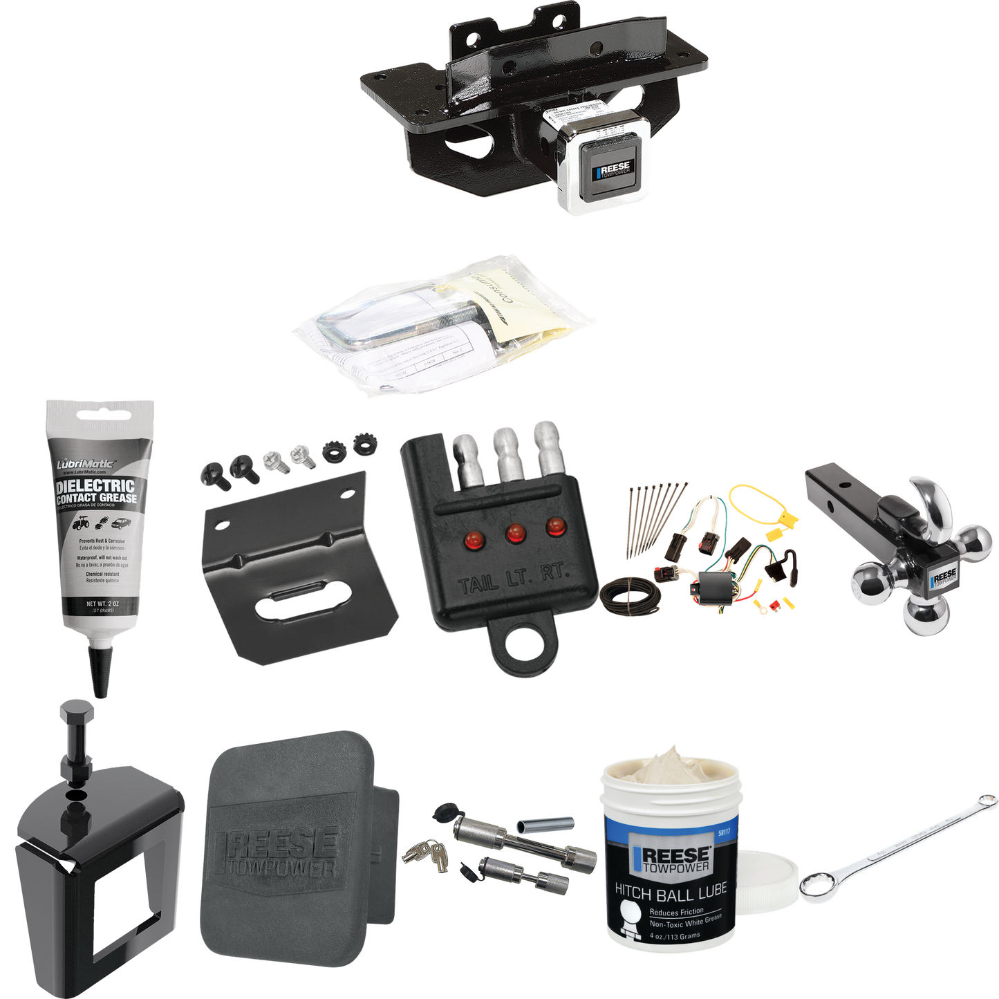 Fits 2004-2009 Dodge Durango Trailer Hitch Tow PKG w/ 4-Flat Wiring + Triple Ball Ball Mount 1-7/8" & 2" & 2-5/16" Trailer Balls w/ Tow Hook + Wiring Bracket + Hitch Cover + Dual Hitch & Coupler Locks + Wiring Tester + Ball Lube + Electric Grease + B