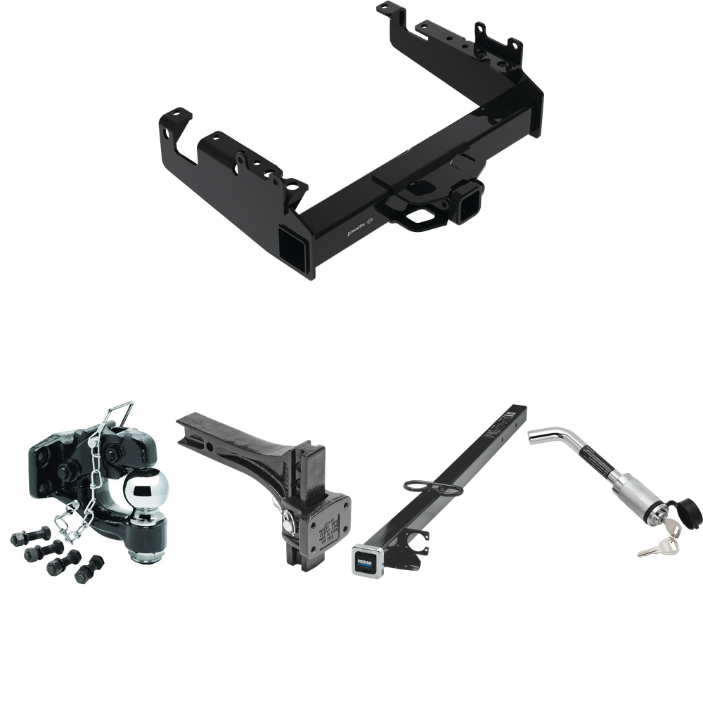 Fits 2019-2023 Ford F-450 Super Duty Trailer Hitch Tow PKG w/ 2-1/2" to 2" Adapter 41" Length + Adjustable Pintle Hook Mounting Plate + Pintle Hook & 2-5/16" Ball Combination + Hitch Lock (For Cab & Chassis, w/34" Wide Frames Models) By Draw-Tite