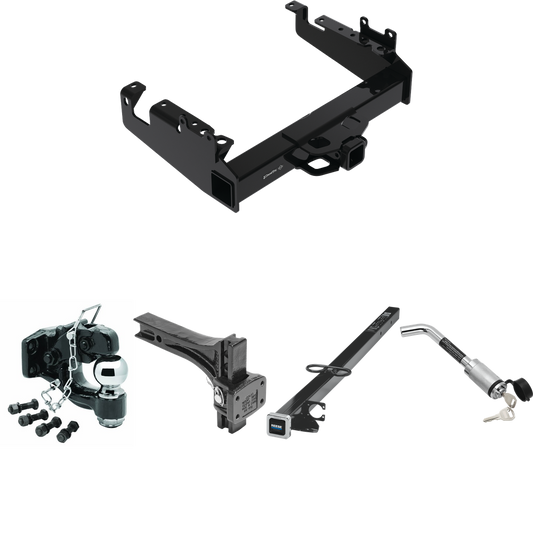 Fits 2019-2023 Ford F-450 Super Duty Trailer Hitch Tow PKG w/ 2-1/2" to 2" Adapter 41" Length + Adjustable Pintle Hook Mounting Plate + Pintle Hook & 2-5/16" Ball Combination + Hitch Lock (For Cab & Chassis, w/34" Wide Frames Models) By Draw-Tite