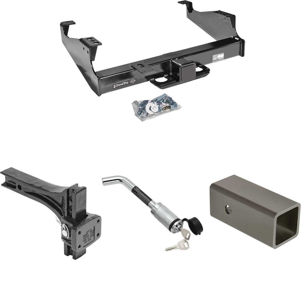 Fits 1999-2023 Ford F-450 Super Duty Trailer Hitch Tow PKG w/ 2-1/2" to 2" Adapter 6" Length + Adjustable Pintle Hook Mounting Plate + Hitch Lock (For Cab & Chassis, w/34" Wide Frames Models) By Draw-Tite