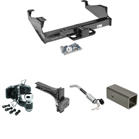 Fits 1999-2023 Ford F-450 Super Duty Trailer Hitch Tow PKG w/ 2-1/2" to 2" Adapter 6" Length + Adjustable Pintle Hook Mounting Plate + Pintle Hook & 2-5/16" Ball Combination + Hitch Lock (For Cab & Chassis, w/34" Wide Frames Models) By Draw-Tite