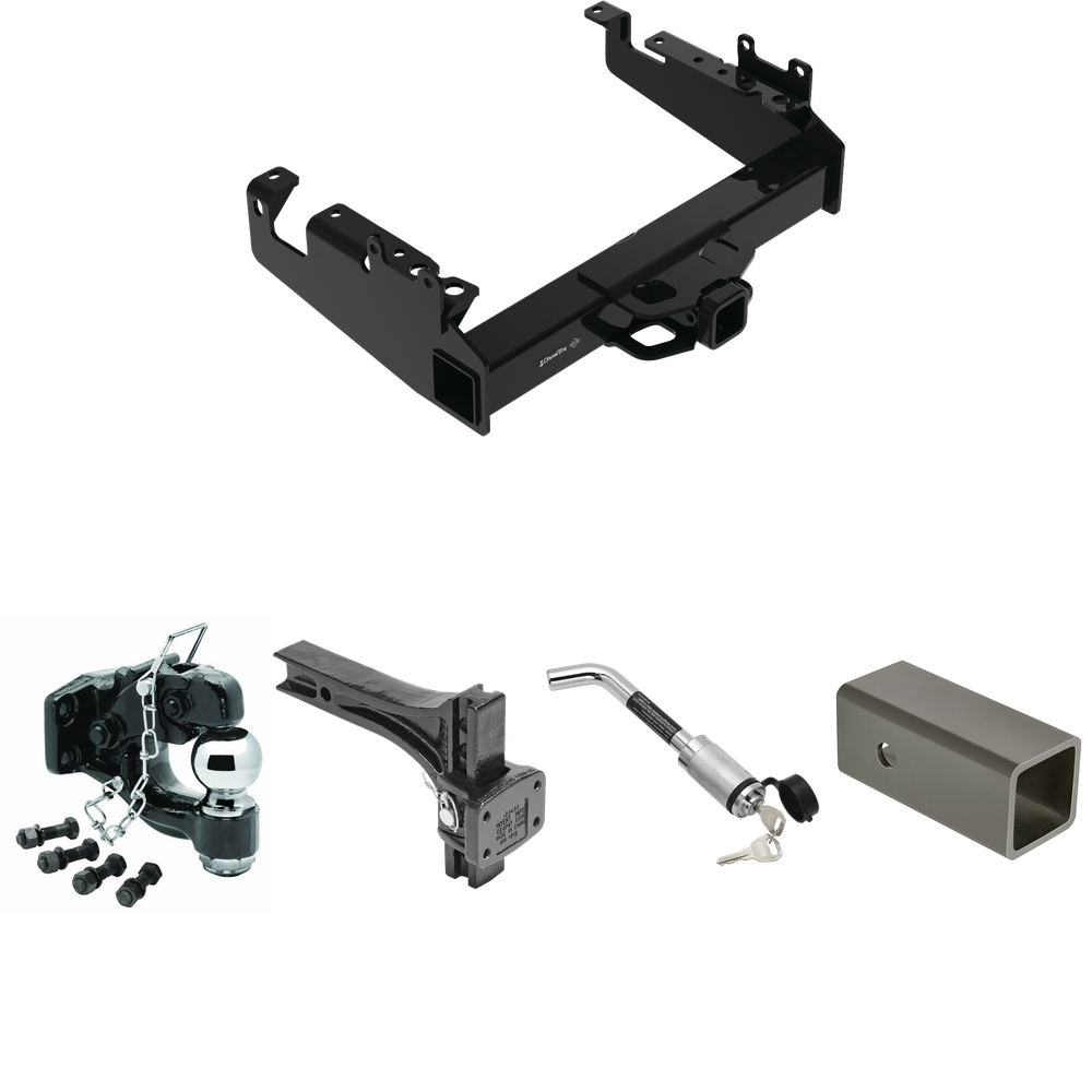 Fits 2019-2023 Ford F-550 Super Duty Trailer Hitch Tow PKG w/ 2-1/2" to 2" Adapter 6" Length + Adjustable Pintle Hook Mounting Plate + Pintle Hook & 2-5/16" Ball Combination + Hitch Lock (For Cab & Chassis, w/34" Wide Frames Models) By Draw-Tite