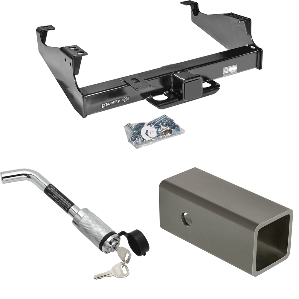 Fits 1999-2023 Ford F-550 Super Duty Trailer Hitch Tow PKG w/ 2-1/2" to 2" Adapter 6" Length + Hitch Lock (For Cab & Chassis, w/34" Wide Frames Models) By Draw-Tite