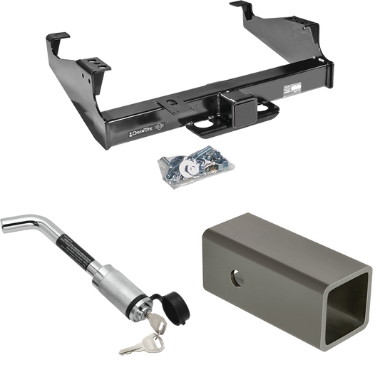 Fits 1999-2023 Ford F-550 Super Duty Trailer Hitch Tow PKG w/ 2-1/2" to 2" Adapter 6" Length + Hitch Lock (For Cab & Chassis, w/34" Wide Frames Models) By Draw-Tite