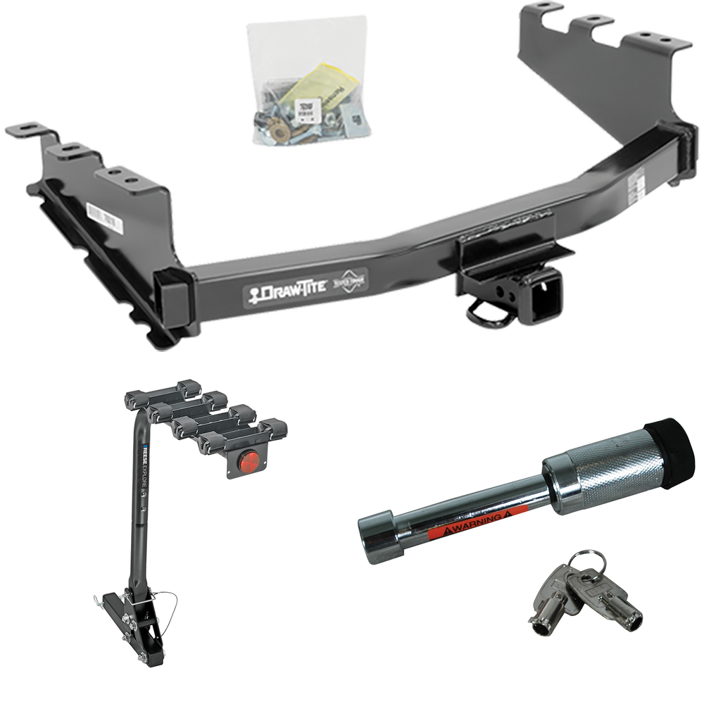 Fits 2019-2019 Chevrolet Silverado 1500 LD (Old Body) Trailer Hitch Tow PKG w/ 4 Bike Carrier Rack + Hitch Lock By Draw-Tite