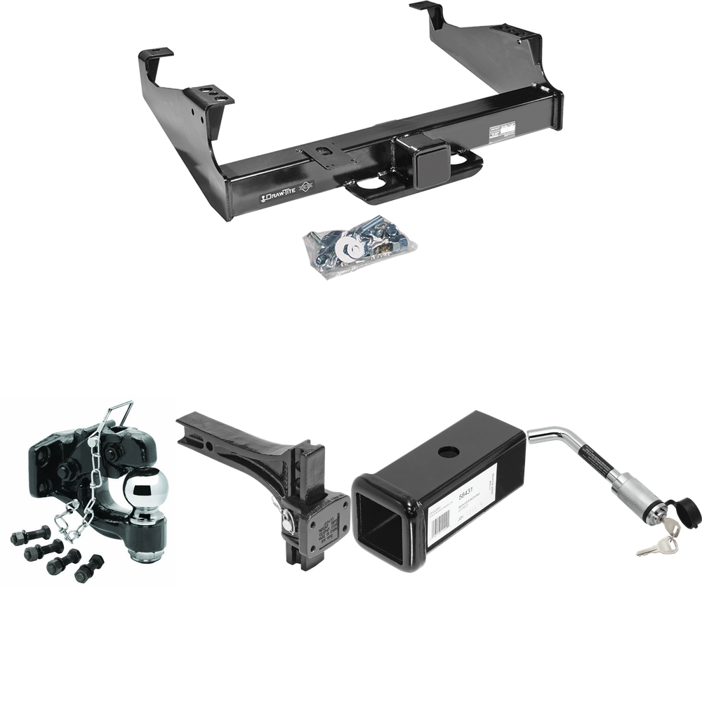 Fits 1999-2023 Ford F-450 Super Duty Trailer Hitch Tow PKG w/ 2-1/2" to 2" Adapter 7" Length + Adjustable Pintle Hook Mounting Plate + Pintle Hook & 2-5/16" Ball Combination + Hitch Lock (For Cab & Chassis, w/34" Wide Frames Models) By Draw-Tite