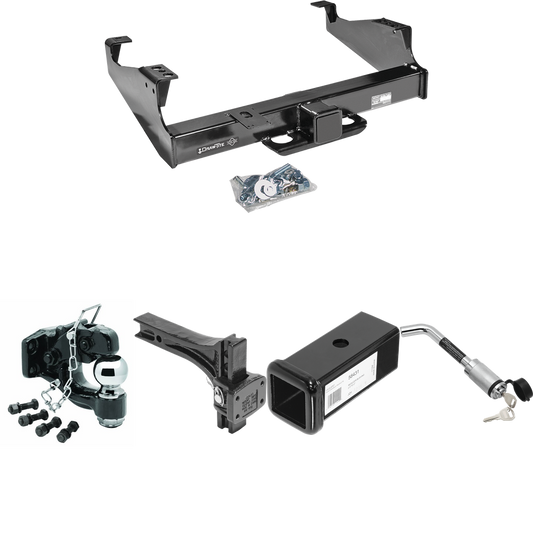 Fits 1999-2023 Ford F-450 Super Duty Trailer Hitch Tow PKG w/ 2-1/2" to 2" Adapter 7" Length + Adjustable Pintle Hook Mounting Plate + Pintle Hook & 2-5/16" Ball Combination + Hitch Lock (For Cab & Chassis, w/34" Wide Frames Models) By Draw-Tite