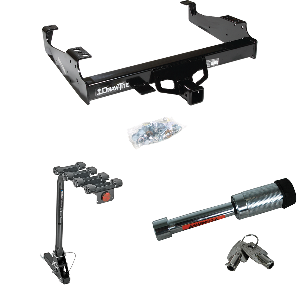 Fits 1999-2000 Ford F-350 Super Duty Trailer Hitch Tow PKG w/ 4 Bike Carrier Rack + Hitch Lock (For Cab & Chassis, w/34" Wide Frames Models) By Draw-Tite