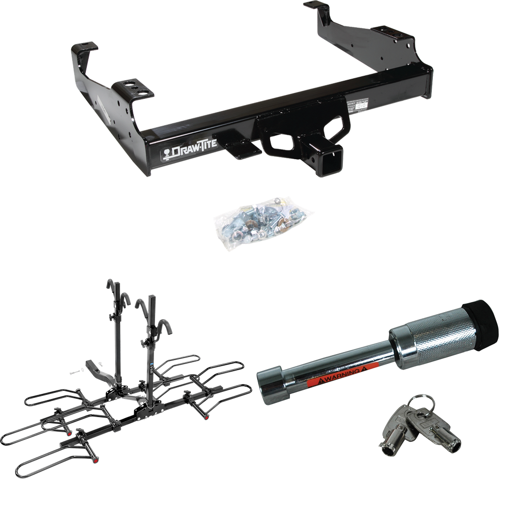 Fits 1999-2000 Ford F-350 Super Duty Trailer Hitch Tow PKG w/ 4 Bike Plaform Style Carrier Rack + Hitch Lock (For Cab & Chassis, w/34" Wide Frames Models) By Draw-Tite