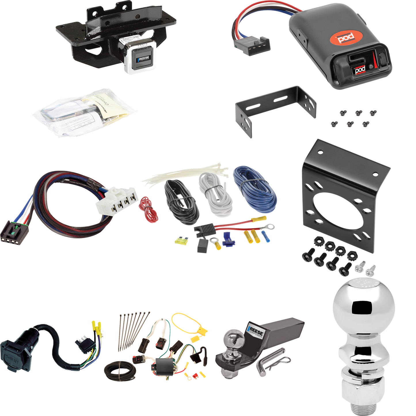 Se adapta al paquete de enganche de remolque Chrysler Aspen 2007-2009 con control de freno POD serie Pro + adaptador BC Plug &amp; Play + cableado RV de 7 vías + soporte de bola y caída de 2" y 2-5/16" de Reese Towpower