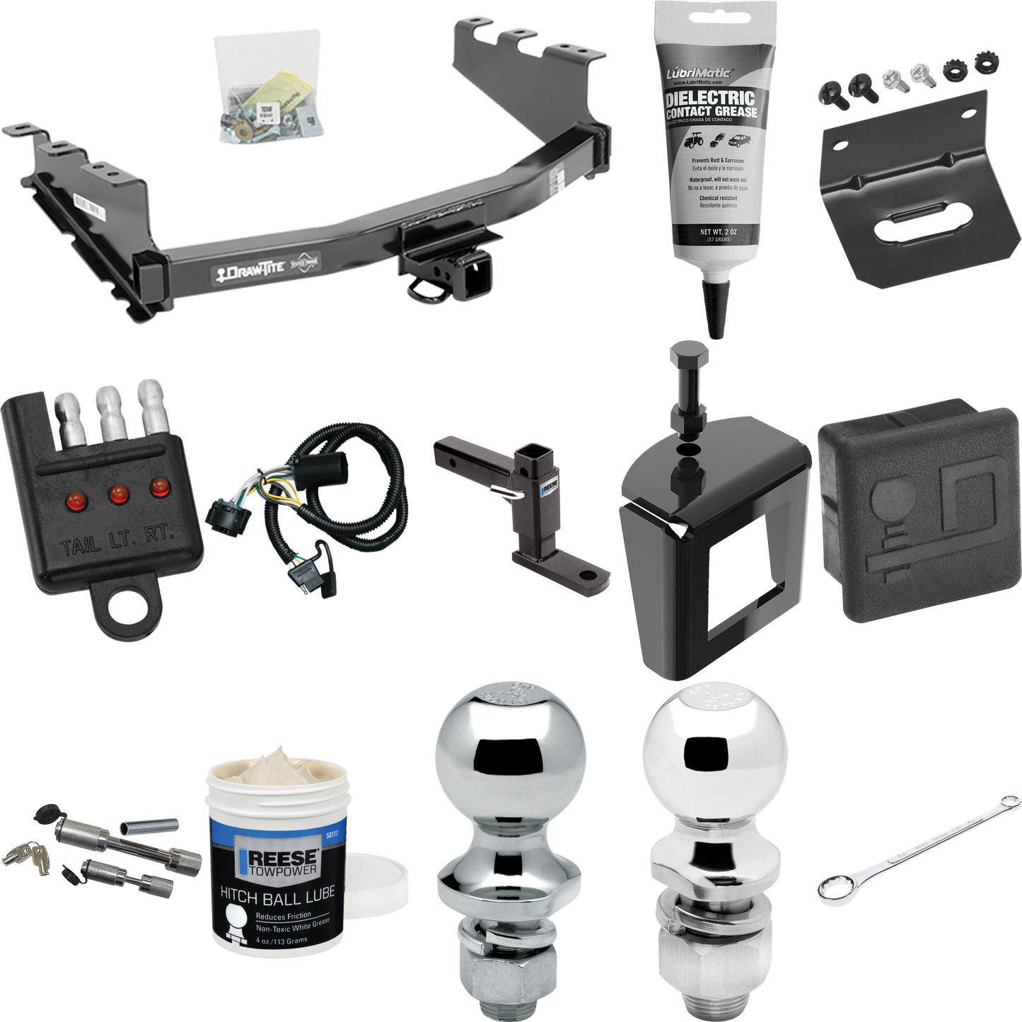 Fits 2019-2019 GMC Sierra 1500 LD (Old Body) Trailer Hitch Tow PKG w/ 4-Flat Wiring + Adjustable Drop Rise Ball Mount + 2" Ball + 1-7/8" Ball + Wiring Bracket + Hitch Cover + Dual Hitch & Coupler Locks + Wiring Tester + Ball Lube + Electric Grease +