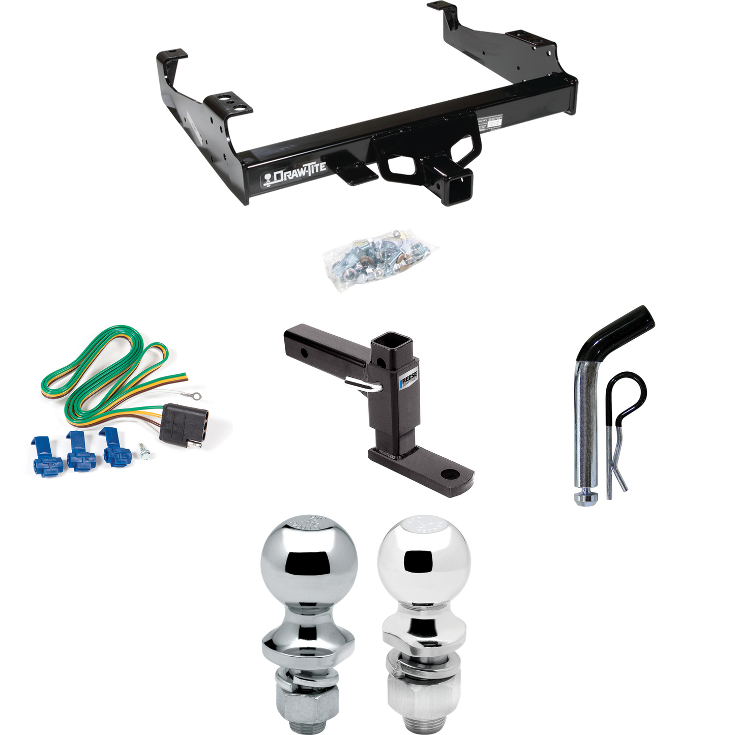 Fits 1999-2023 Ford F-450 Super Duty Trailer Hitch Tow PKG w/ 4-Flat Wiring + Adjustable Drop Rise Ball Mount + Pin/Clip + 2" Ball + 1-7/8" Ball (For Cab & Chassis, w/34" Wide Frames Models) By Draw-Tite