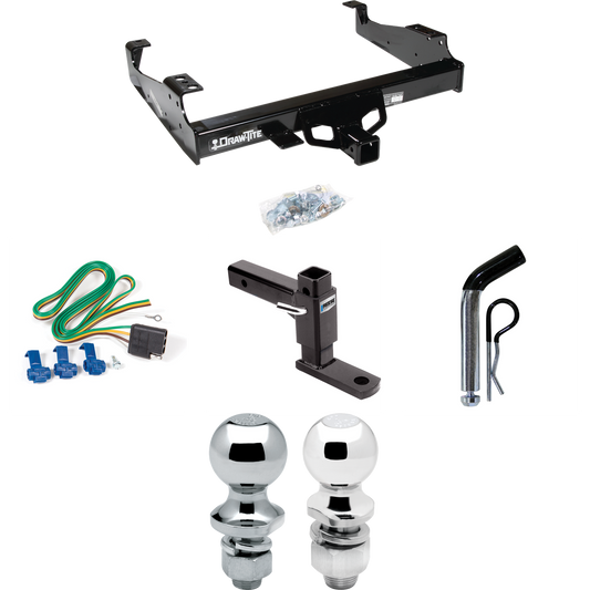 Fits 1999-2023 Ford F-450 Super Duty Trailer Hitch Tow PKG w/ 4-Flat Wiring + Adjustable Drop Rise Ball Mount + Pin/Clip + 2" Ball + 1-7/8" Ball (For Cab & Chassis, w/34" Wide Frames Models) By Draw-Tite