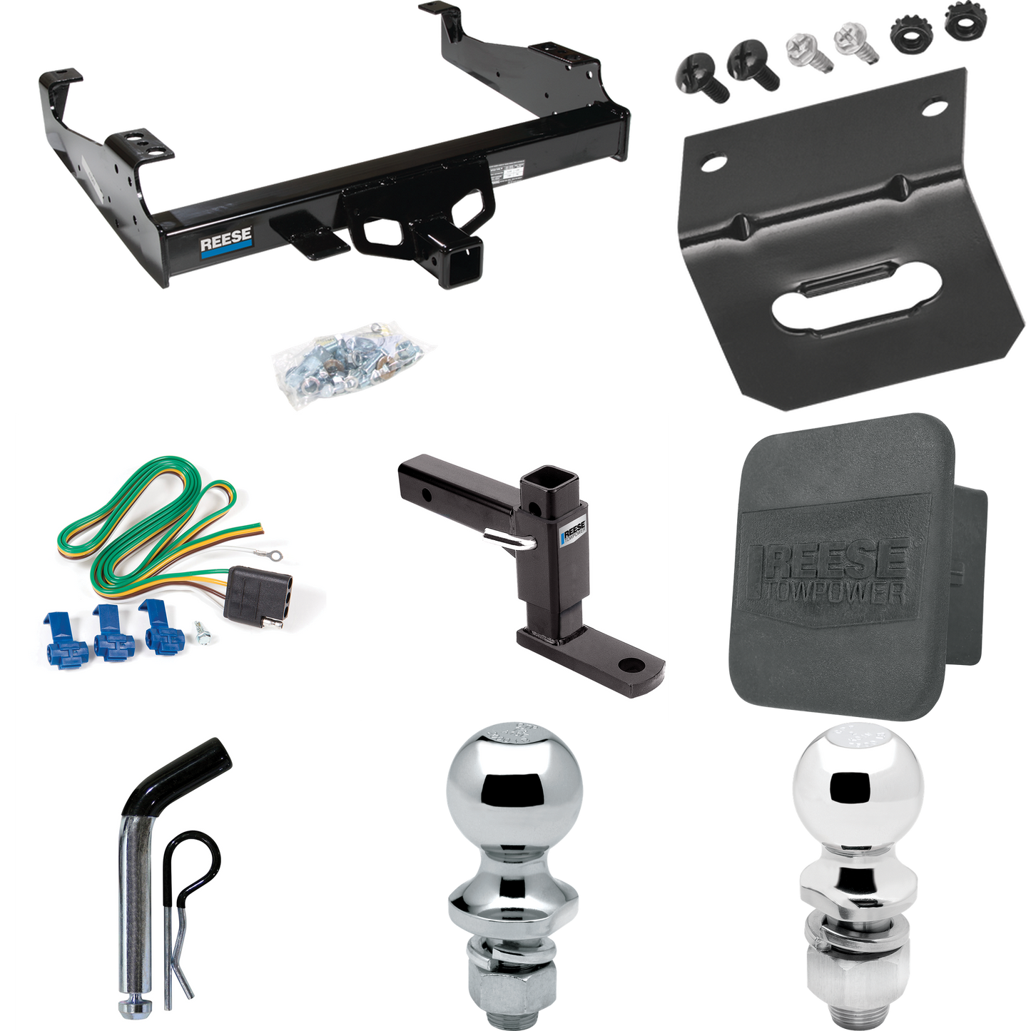 Fits 1999-2023 Ford F-550 Super Duty Trailer Hitch Tow PKG w/ 4-Flat Wiring + Adjustable Drop Rise Ball Mount + Pin/Clip + 2" Ball + 1-7/8" Ball + Wiring Bracket + Hitch Cover (For Cab & Chassis, w/34" Wide Frames Models) By Reese Towpower