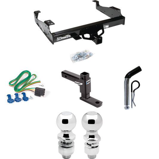 Fits 1999-2023 Ford F-550 Super Duty Trailer Hitch Tow PKG w/ 4-Flat Wiring + Adjustable Drop Rise Ball Mount + Pin/Clip + 2" Ball + 2-5/16" Ball (For Cab & Chassis, w/34" Wide Frames Models) By Draw-Tite