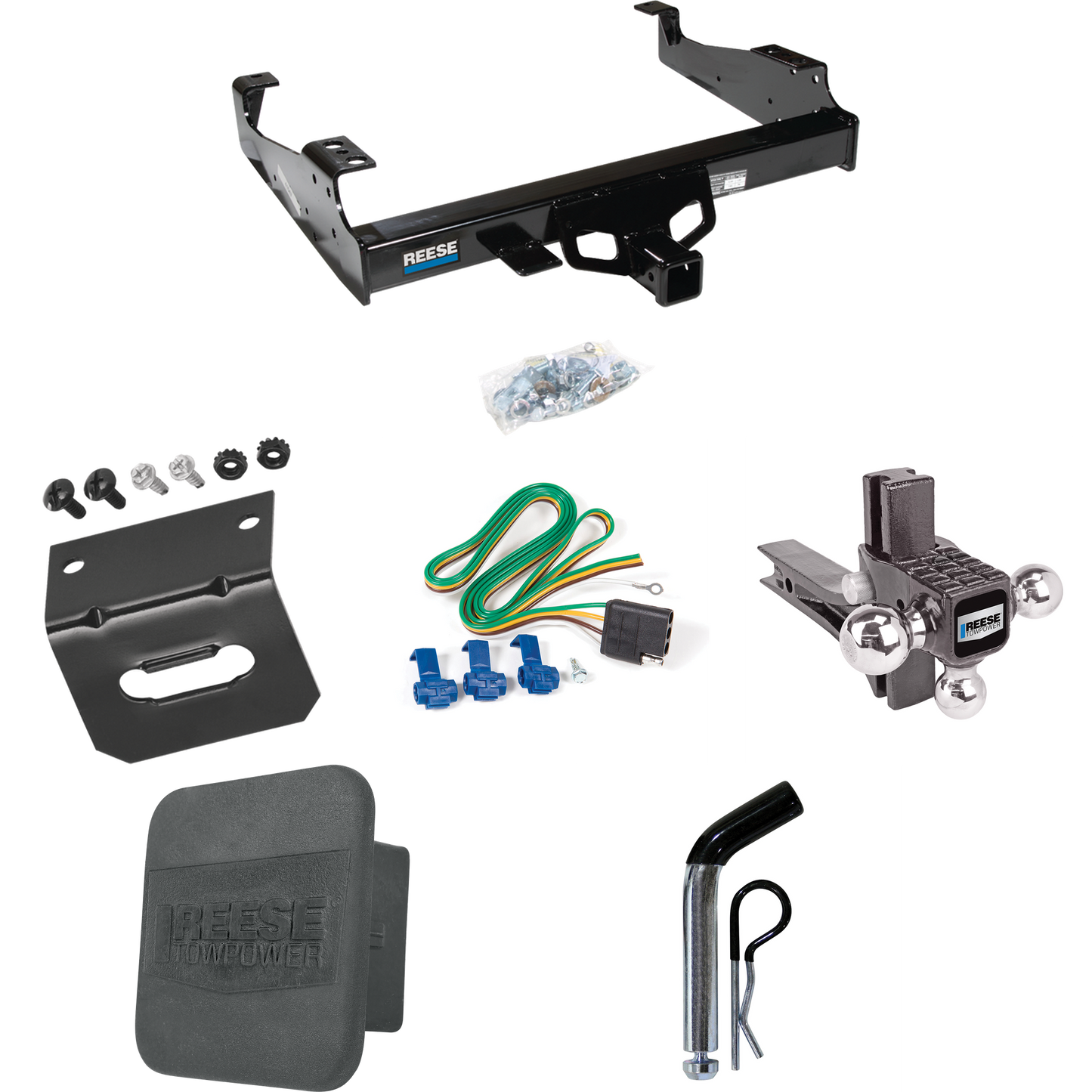 Fits 1999-2023 Ford F-550 Super Duty Trailer Hitch Tow PKG w/ 4-Flat Wiring + Adjustable Drop Rise Triple Ball Ball Mount 1-7/8" & 2" & 2-5/16" Trailer Balls + Pin/Clip + Wiring Bracket + Hitch Cover (For Cab & Chassis, w/34" Wide Frames Models) By R