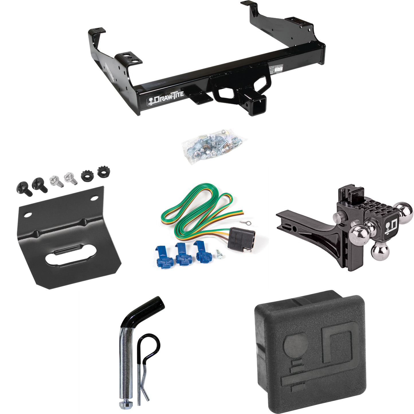 Fits 1999-2023 Ford F-450 Super Duty Trailer Hitch Tow PKG w/ 4-Flat Wiring + Adjustable Drop Rise Triple Ball Ball Mount 1-7/8" & 2" & 2-5/16" Trailer Balls + Pin/Clip + Wiring Bracket + Hitch Cover (For Cab & Chassis, w/34" Wide Frames Models) By D