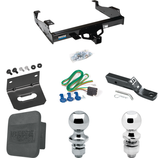 Fits 1999-2023 Ford F-450 Super Duty Trailer Hitch Tow PKG w/ 4-Flat Wiring + Ball Mount w/ 2" Drop & 2" Ball + 1-7/8" Ball + Wiring Bracket + Hitch Cover (For Cab & Chassis, w/34" Wide Frames Models) By Reese Towpower