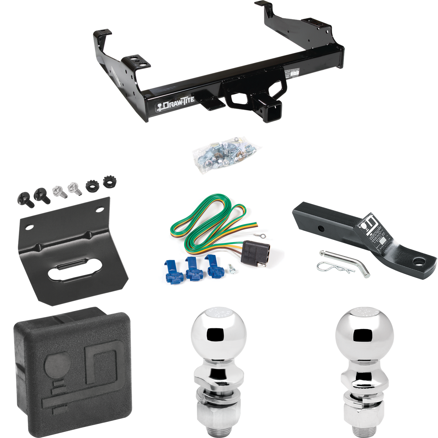 Fits 1999-2023 Ford F-550 Super Duty Trailer Hitch Tow PKG w/ 4-Flat Wiring + Ball Mount w/ 2" Drop + 2" Ball + 2-5/16" Ball + Wiring Bracket + Hitch Cover (For Cab & Chassis, w/34" Wide Frames Models) By Draw-Tite