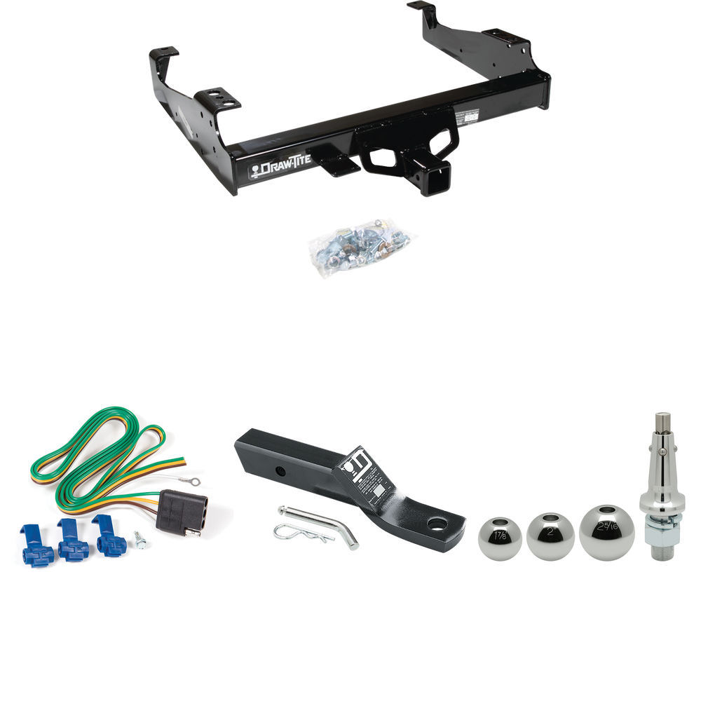 Fits 1999-2000 Ford F-350 Super Duty Trailer Hitch Tow PKG w/ 4-Flat Wiring + Ball Mount w/ 2" Drop + Interchangeable Ball 1-7/8" & 2" & 2-5/16" (For Cab & Chassis, w/34" Wide Frames Models) By Draw-Tite