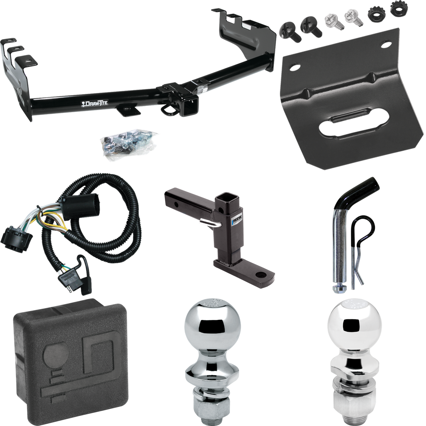 Fits 2007-2013 GMC Sierra 1500 Trailer Hitch Tow PKG w/ 4-Flat Wiring + Adjustable Drop Rise Ball Mount + Pin/Clip + 2" Ball + 1-7/8" Ball + Wiring Bracket + Hitch Cover By Draw-Tite