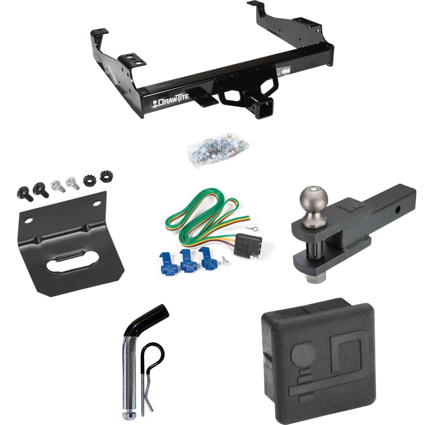 Fits 1999-2023 Ford F-450 Super Duty Trailer Hitch Tow PKG w/ 4-Flat Wiring + Clevis Hitch Ball Mount w/ 2" Ball + Pin/Clip + Wiring Bracket + Hitch Cover (For Cab & Chassis, w/34" Wide Frames Models) By Draw-Tite