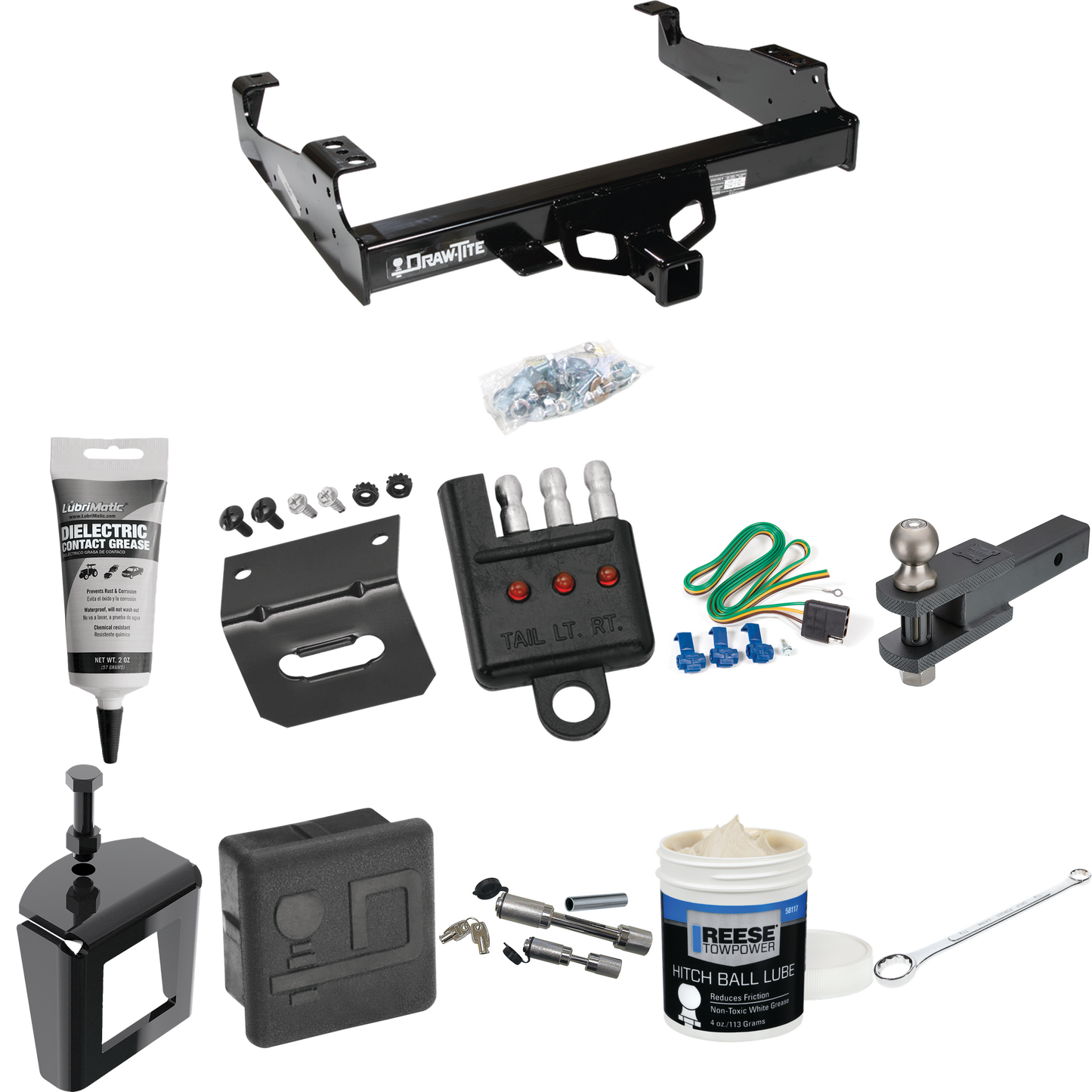 Fits 1999-2000 Ford F-350 Super Duty Trailer Hitch Tow PKG w/ 4-Flat Wiring + Clevis Hitch Ball Mount w/ 2" Ball + Wiring Bracket + Hitch Cover + Dual Hitch & Coupler Locks + Wiring Tester + Ball Lube + Electric Grease + Ball Wrench + Anti Rattle Dev