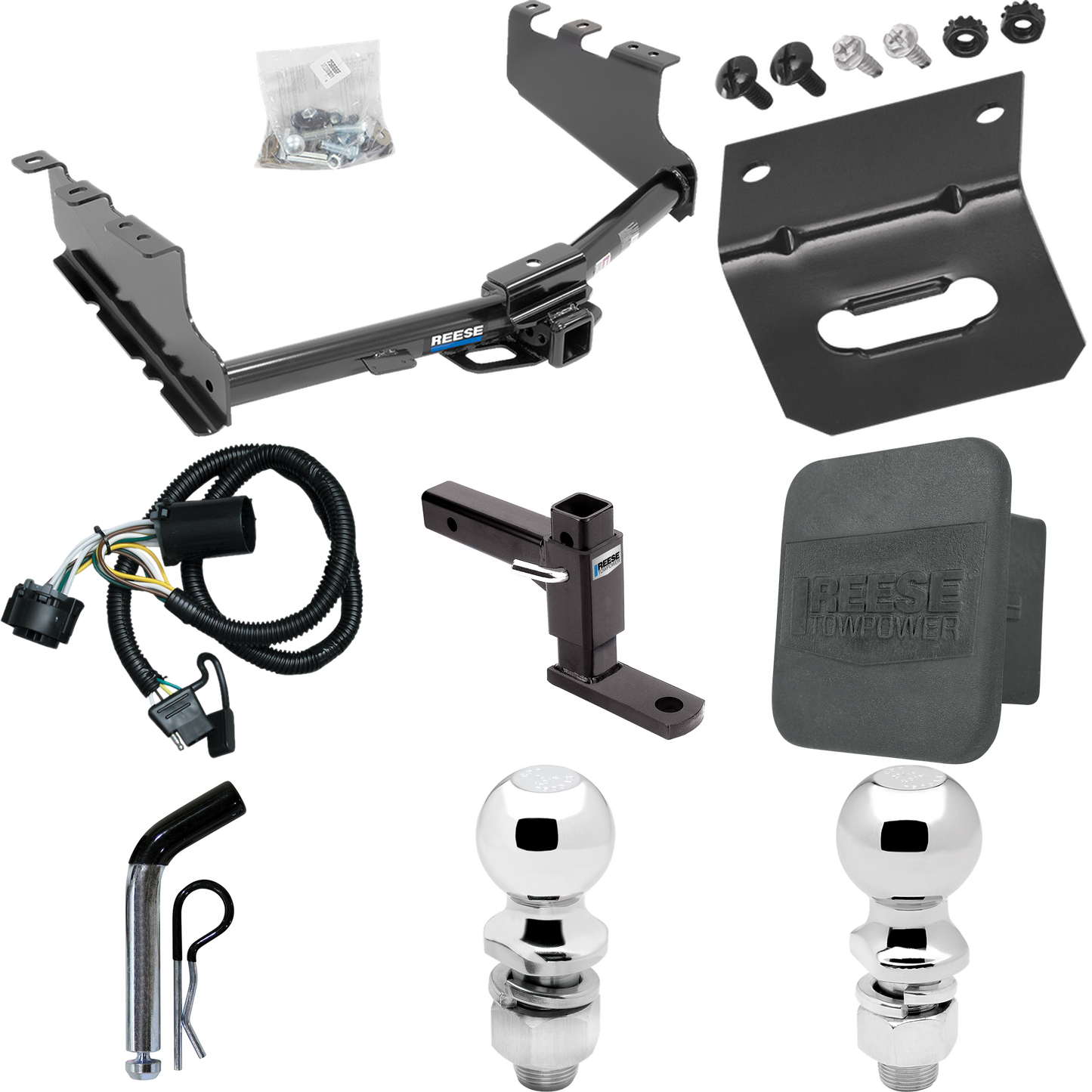 Fits 2019-2019 Chevrolet Silverado 1500 LD (Old Body) Trailer Hitch Tow PKG w/ 4-Flat Wiring + Adjustable Drop Rise Ball Mount + Pin/Clip + 2" Ball + 2-5/16" Ball + Wiring Bracket + Hitch Cover By Reese Towpower