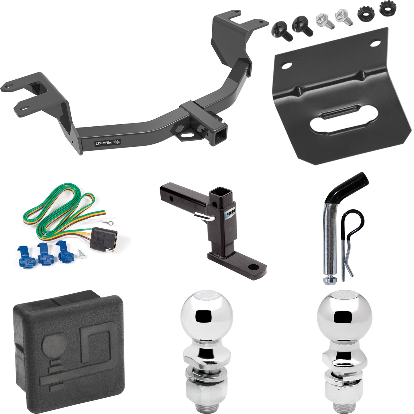 Se adapta al paquete de enganche de remolque Chevrolet Silverado 1500 2019-2023 con 4 cables planos + soporte de bola ajustable + pasador/clip + bola de 2 pulgadas + bola de 2-5/16 pulgadas + soporte de cableado + cubierta de enganche de Draw-Tite