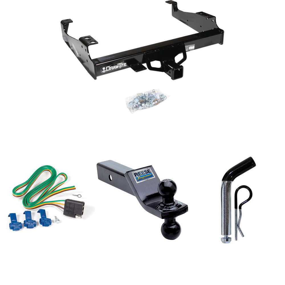 Fits 1999-2000 Ford F-350 Super Duty Trailer Hitch Tow PKG w/ 4-Flat Wiring + Dual Ball Ball Mount 1-7/8" & 2" Trailer Balls + Pin/Clip (For Cab & Chassis, w/34" Wide Frames Models) By Draw-Tite