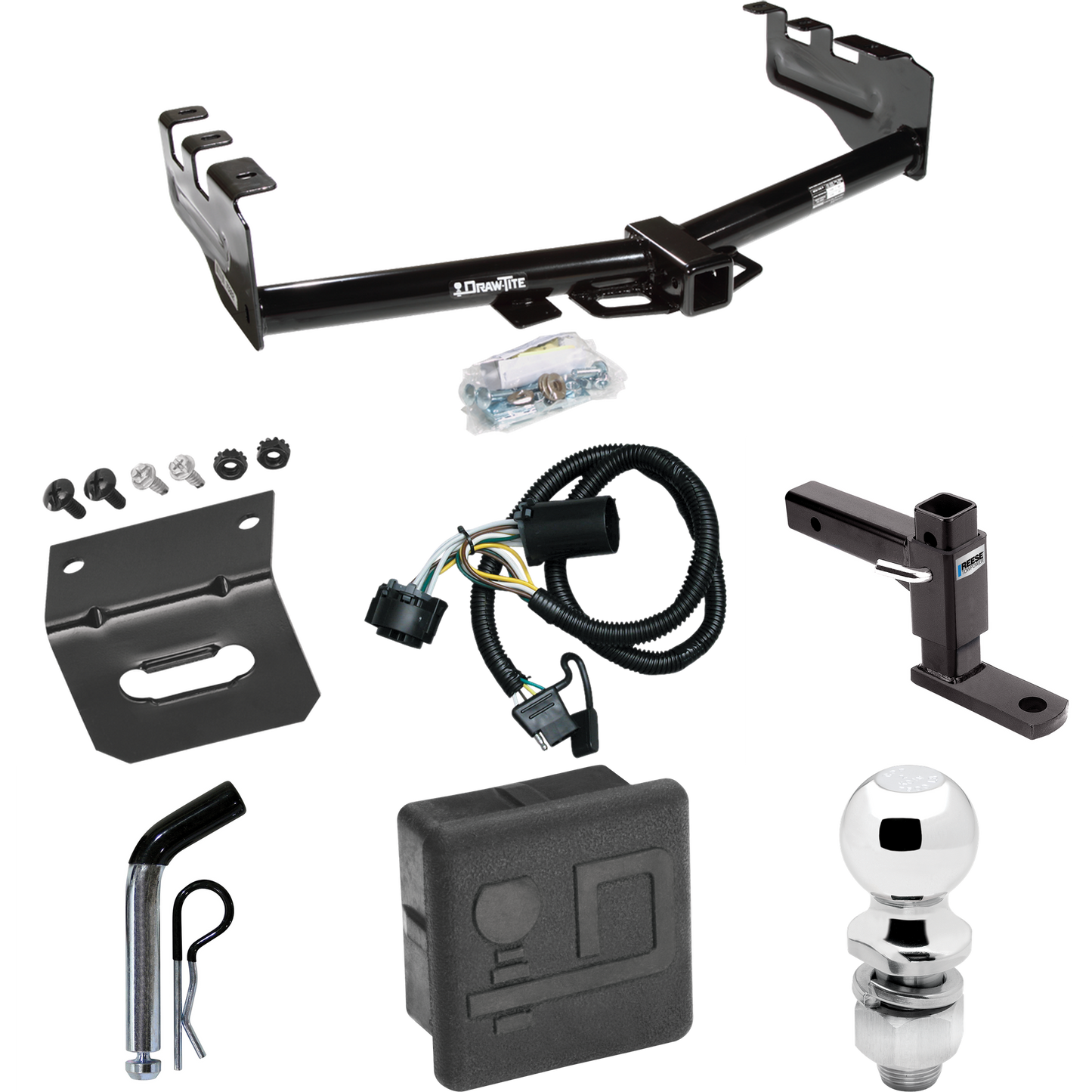 Fits 2007-2013 Chevrolet Silverado 1500 Trailer Hitch Tow PKG w/ 4-Flat Wiring + Adjustable Drop Rise Ball Mount + Pin/Clip + 2" Ball + Wiring Bracket + Hitch Cover By Draw-Tite