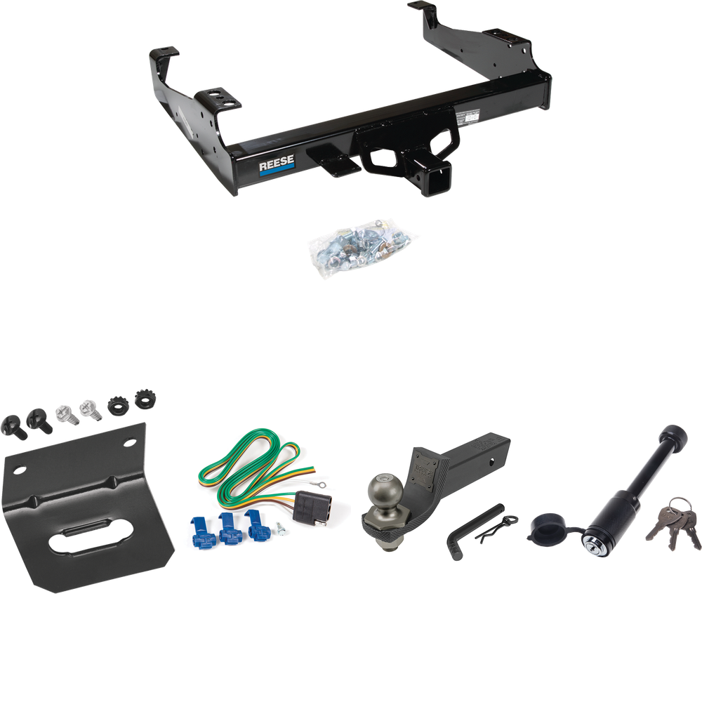 Fits 1999-2023 Ford F-450 Super Duty Trailer Hitch Tow PKG w/ 4-Flat Wiring + Interlock Tactical Starter Kit w/ 2" Drop & 2" Ball + Tactical Dogbone Lock + Wiring Bracket (For Cab & Chassis, w/34" Wide Frames Models) By Reese Towpower